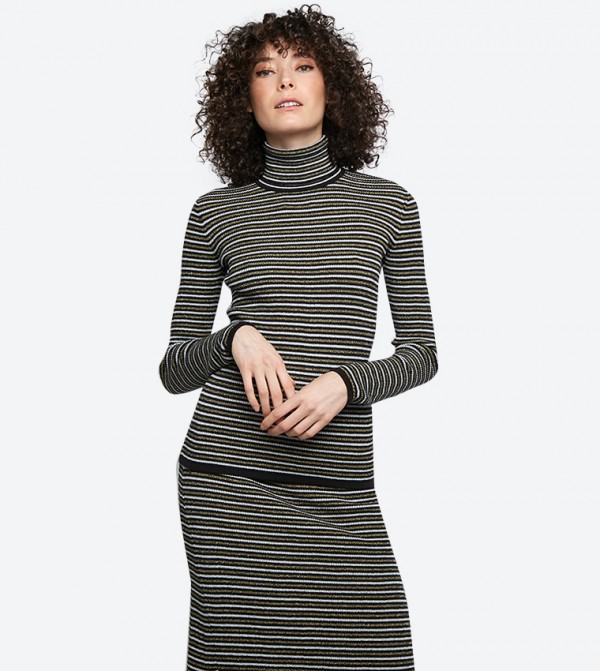 Zendaya Striped Printed High Neck Pullover Gold