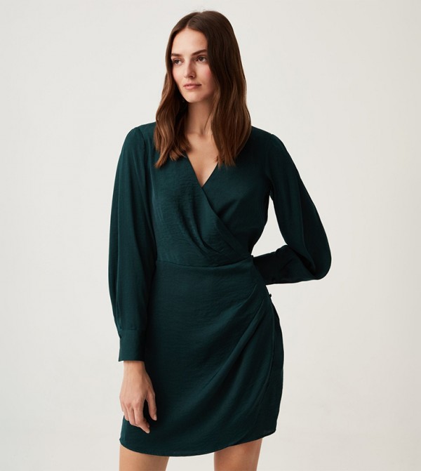 Solid Long Sleeves Wrap Dress