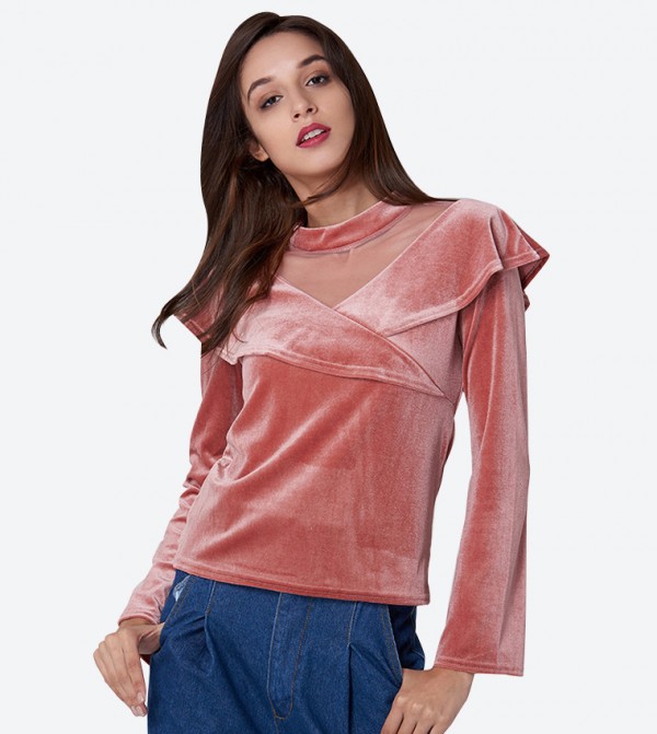 Long Sleeve Lapel Shawl Pattern Detail Top - Pink