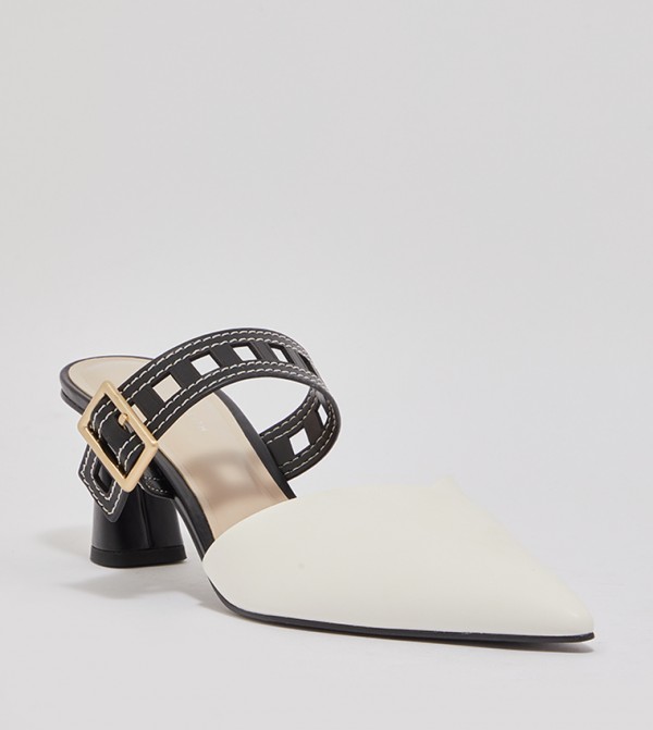 Cut-Out Strap Heeled Mule Pumps