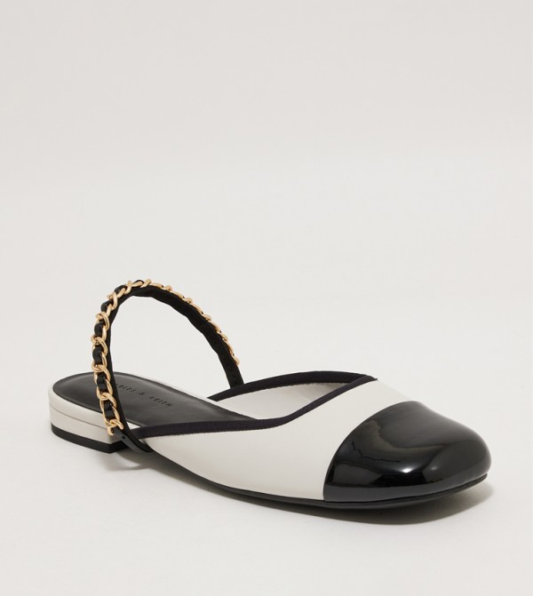 Patent Two-Tone Chain-Strap Mules
