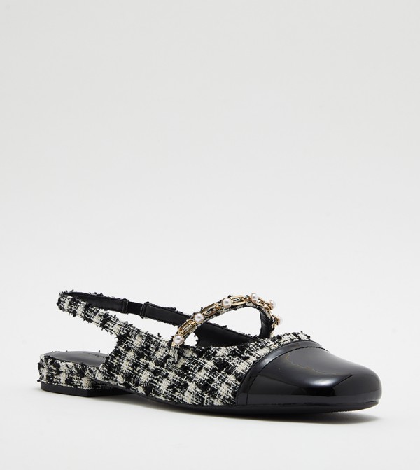 Tweed Beaded Chain-Link Slingback Flats