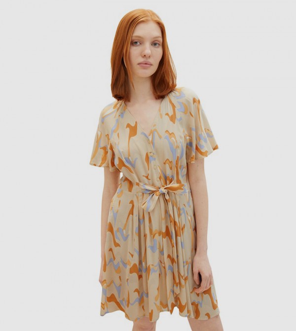 Abstract Printed V-Neck A-Line Dress