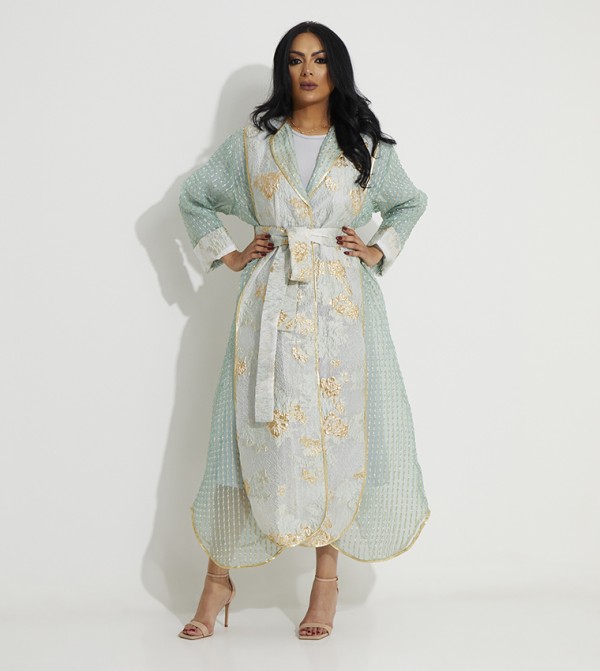 Embroidered Belted Bisht & Dress Set