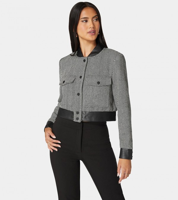 Vegan Leather Detail Novelty Chevron Jacket