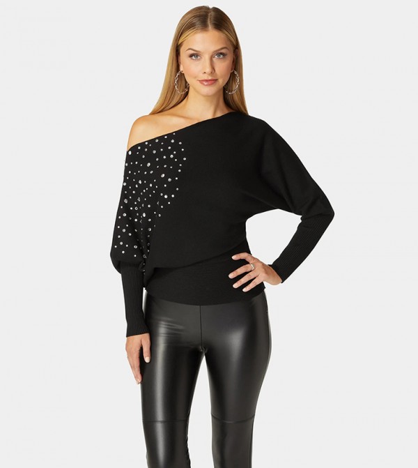 Embellished Asymmetric Shoulder Sweater
