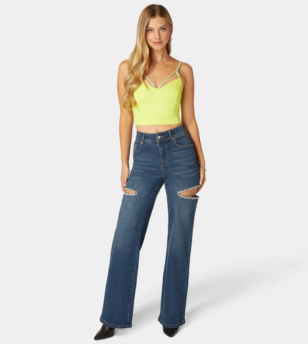 High Waist Embellished Cut Out Wide Leg Jeans