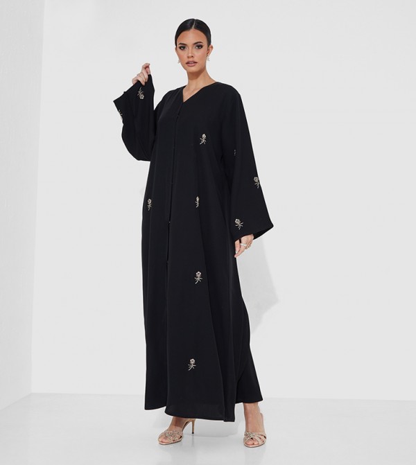 Flower Embroidered Open Abaya