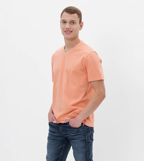 Orange v neck t shirt mens clearance