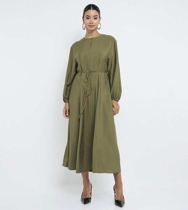 Belted Long Sleeves Midi Dress