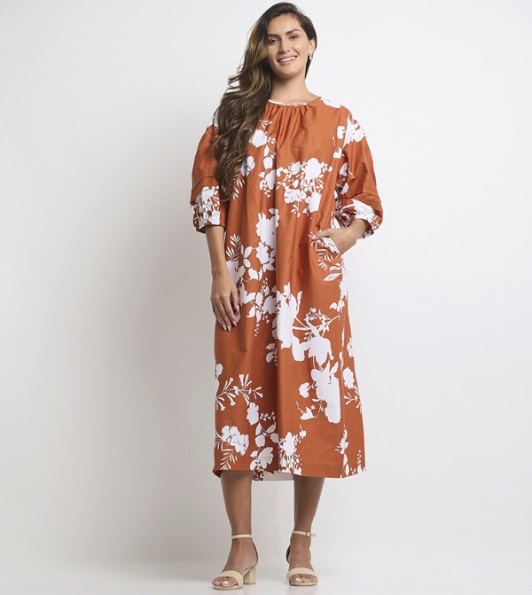 Printed 3/4 Sleeves Shift Sack Dress