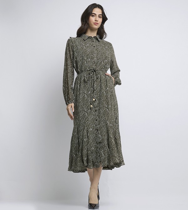 Patterned Long Sleeves Midi Shirt Dress