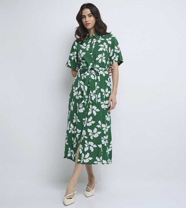 Printed Short Sleeves Midi Shirt Dress