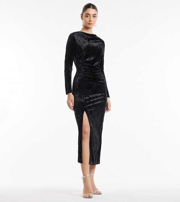 Drape Detail Velour Bodycon Dress