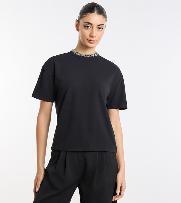 Embellished Mock Neck Short Sleeves Top