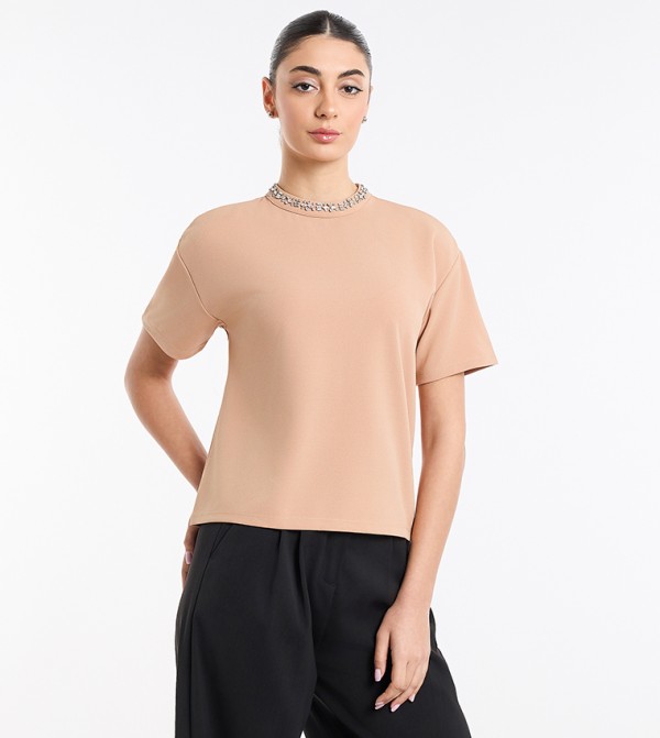 Embellished Mock Neck Short Sleeves Top