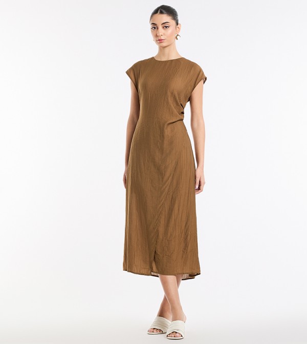Textured Cap Sleeves Midi Dress