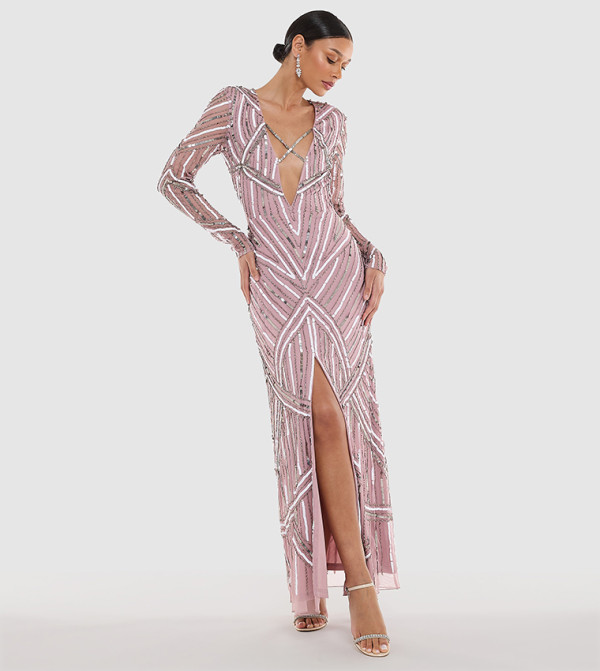 فستان ماكسي برقبة بلانج بطبعة