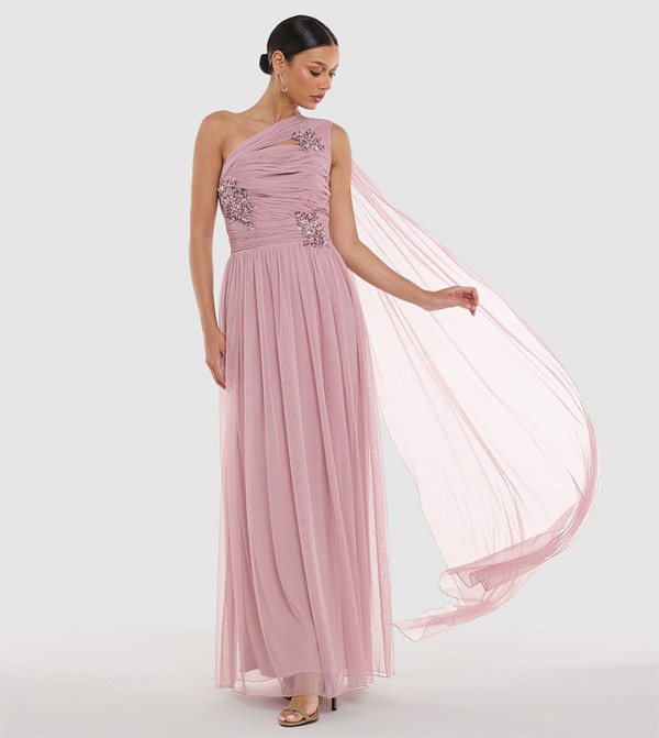 فستان ماكسي مطرز بكتف واحد 