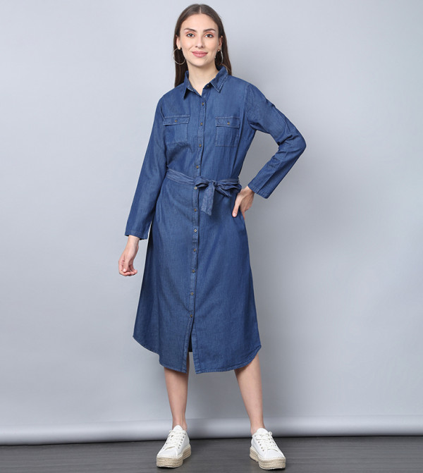 Isabelle | Belted Denim Shirt Dress - Lumina