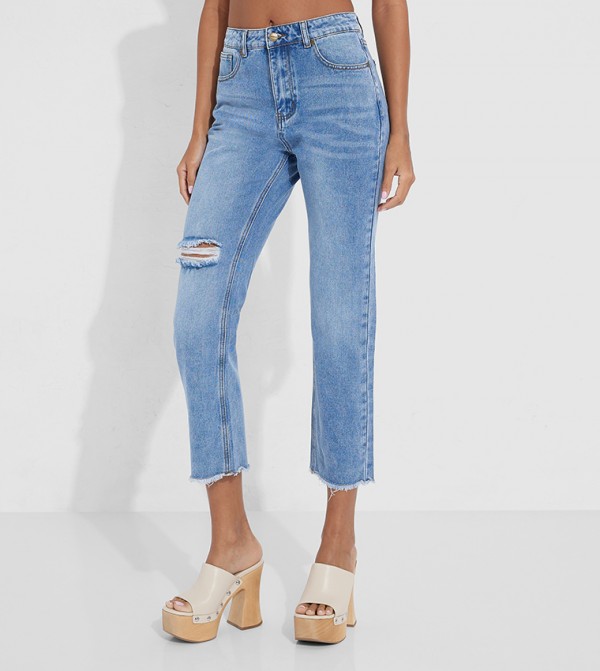 Ripped Knee Slim Straight Leg Jeans