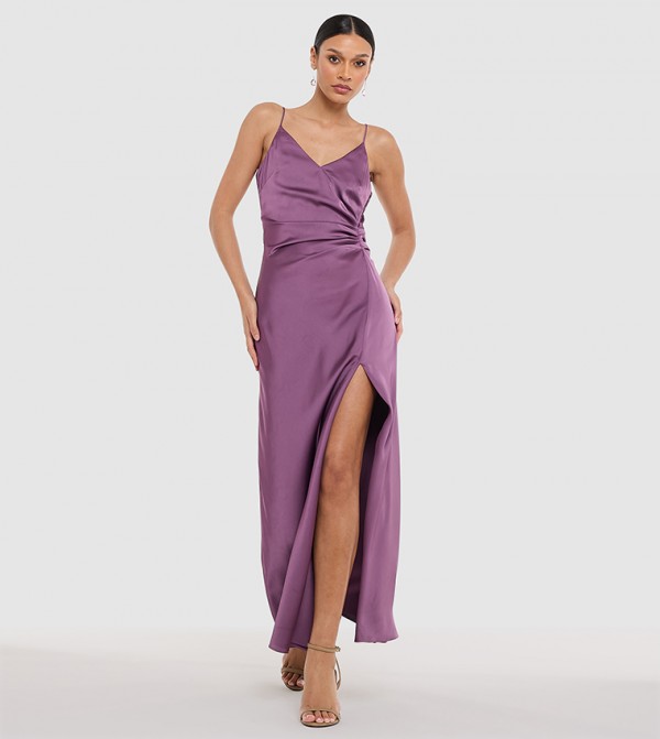 Draped Strappy Slit Maxi Satin Dress