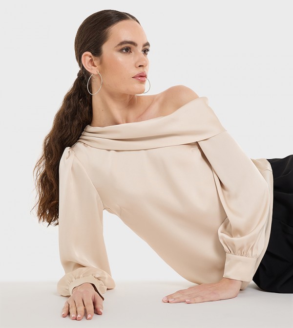 Draped Asymmetric Neck Satin Top