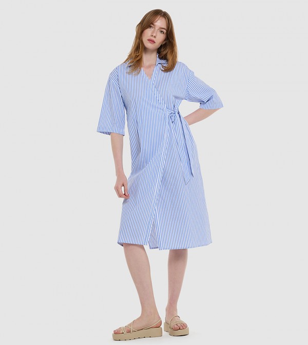 Striped Short Sleeves Wrap Shirt Dress