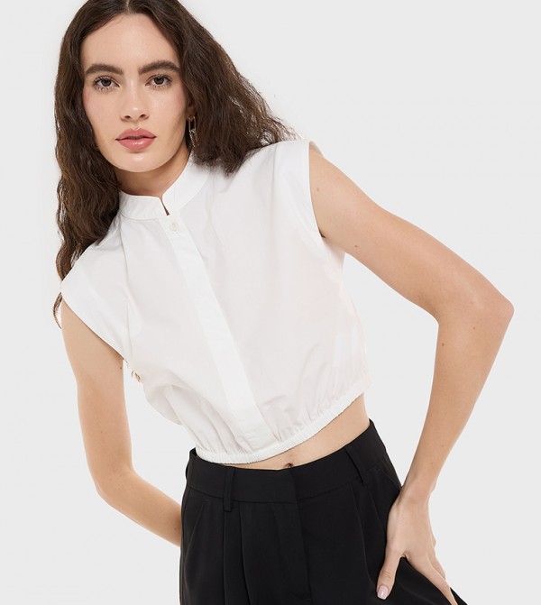 Solid Stand Collar Crop Shirt