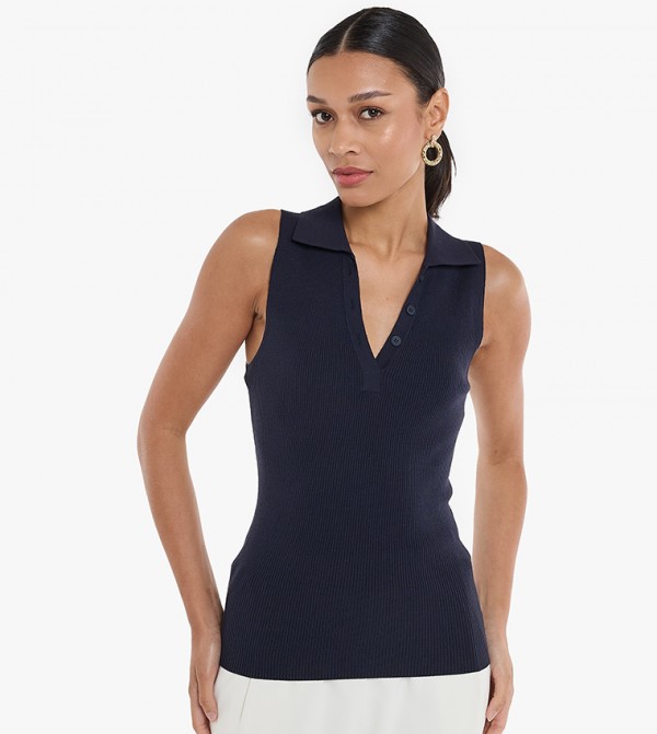 Ribbed Collared Sleeveless Top