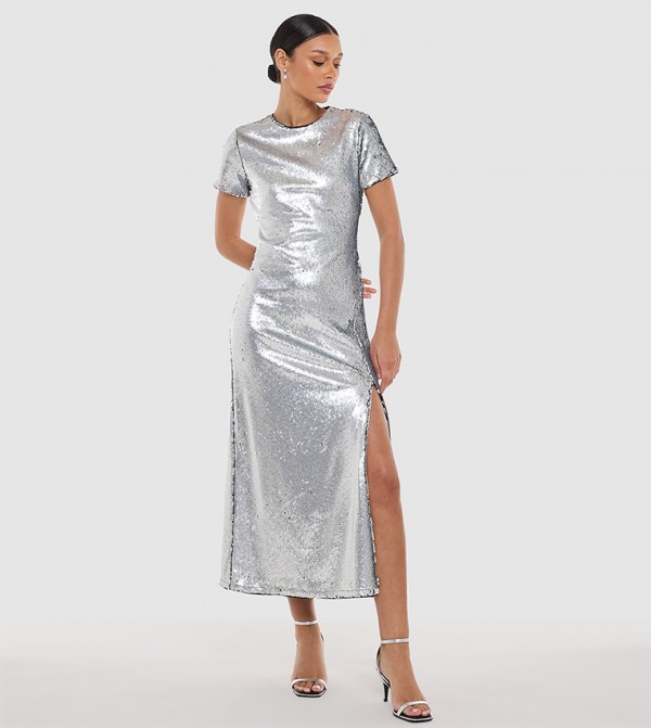Sequined Short Sleeves Slit Midaxi Dress