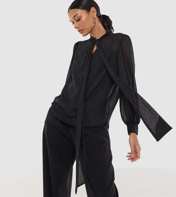 Bow Detail Long Sleeves Sheer Top