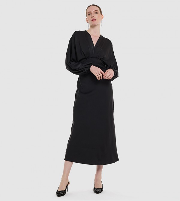 Draped V-Neck Satin Midi Dress