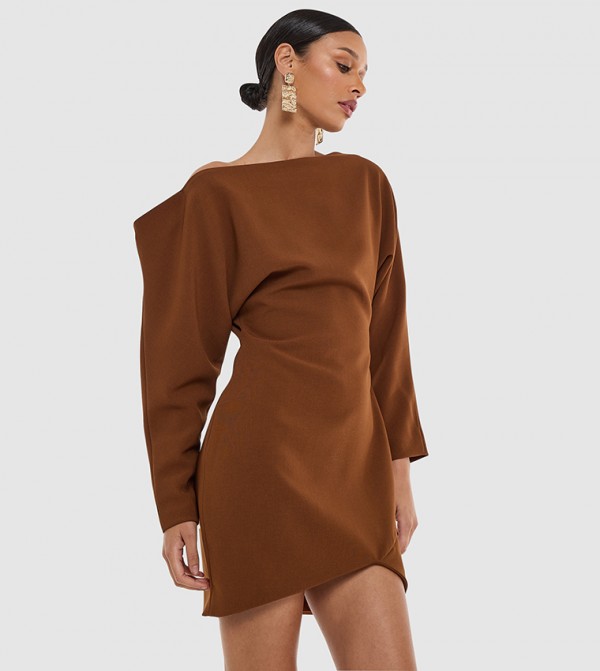 Solid Asymmetric Shoulder Mini Dress