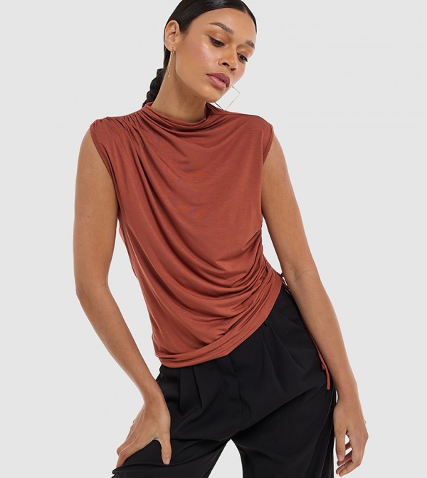 Ruched Cowl Neck Sleeveless Top