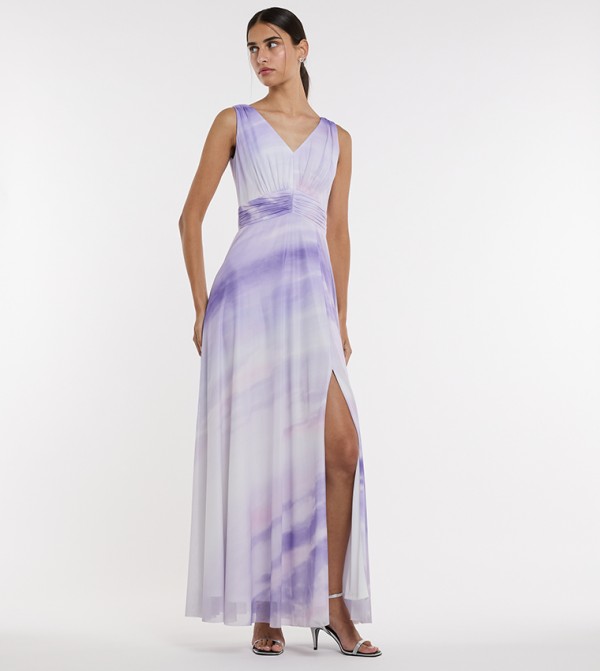 Patterned V-Neck Sleeveless Maxi Evening Dress