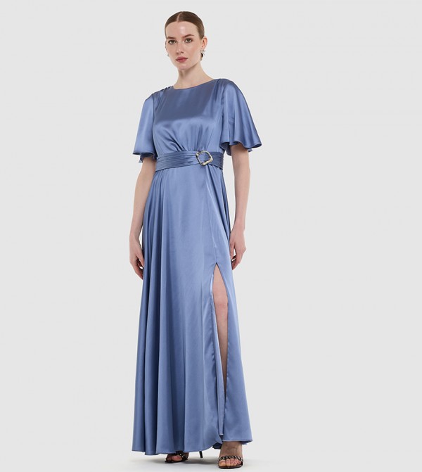 Belted Flutter Sleeves Satin Maxi Dress