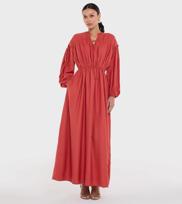 Ruched Waist Long Sleeves Maxi Dress