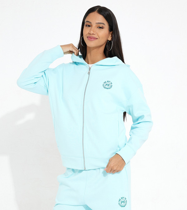 Printed Back Zipper-Front Hooded Sweatshirt