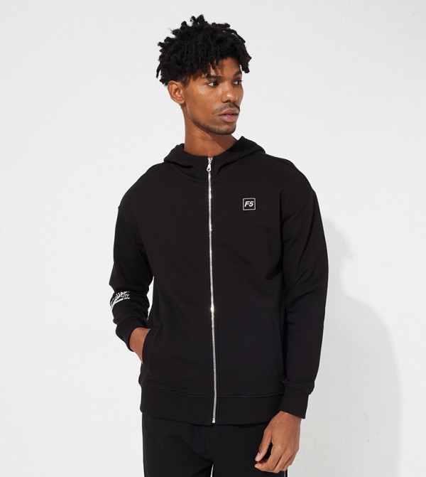 Typography Printed Zipper-Front Hoodie