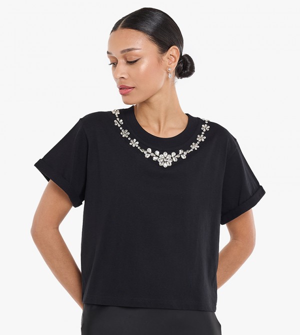 Rhinestone Crew Neck Crop T-Shirt