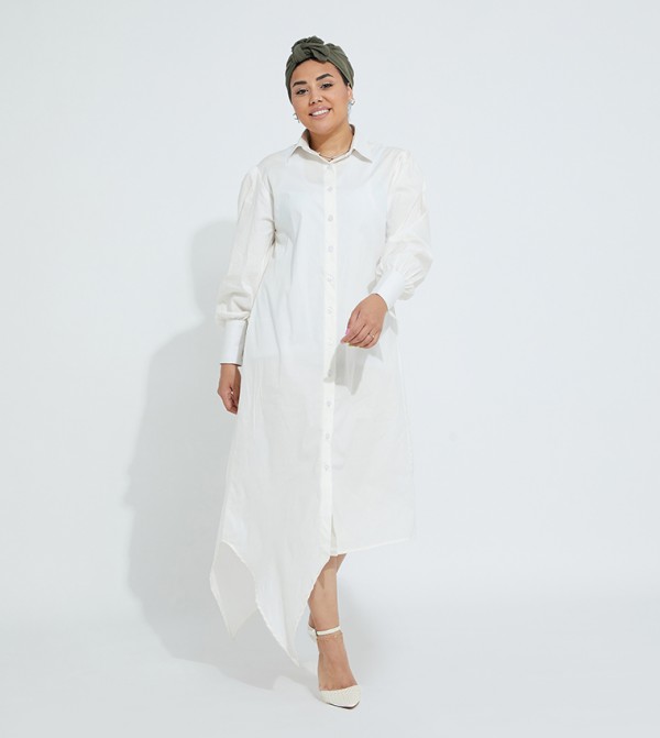 Puff Sleeves Asymmetric Hem Shirt Dress