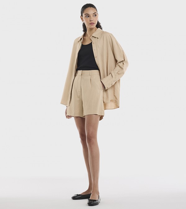 Solid Pleated Linen Shorts