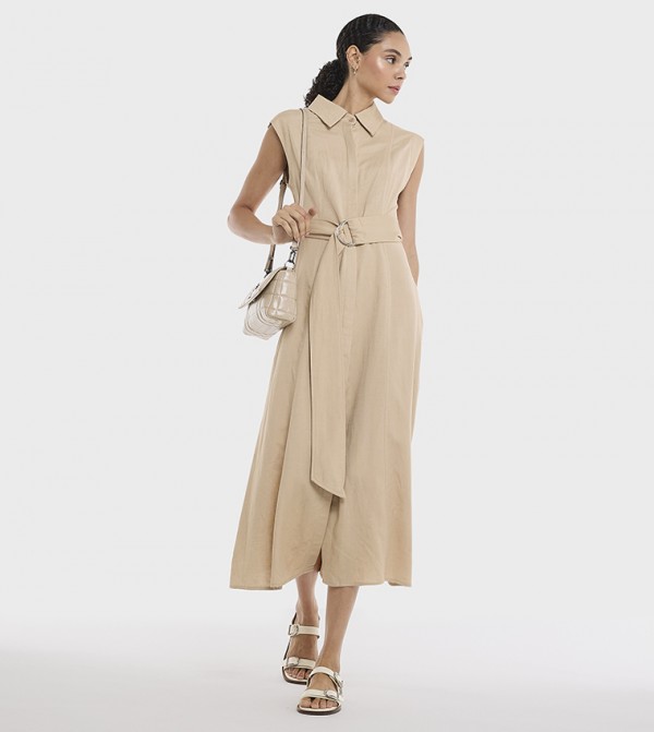Belted Sleeveless Linen Shirt Dress