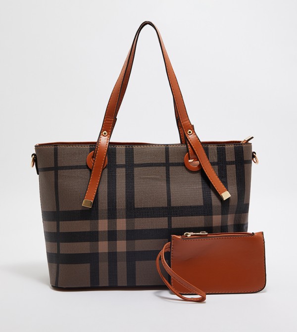 Plaid Tote Bag with Pouch
