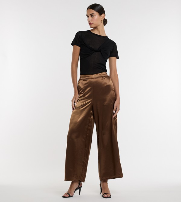 Solid Elastic Waist Wide Leg Trousers 