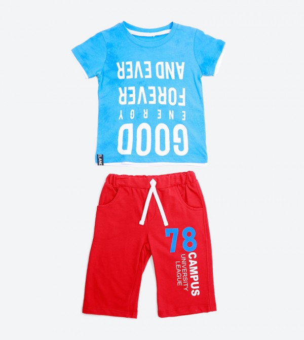 Typography Printed Short Sleeves Clothing Set