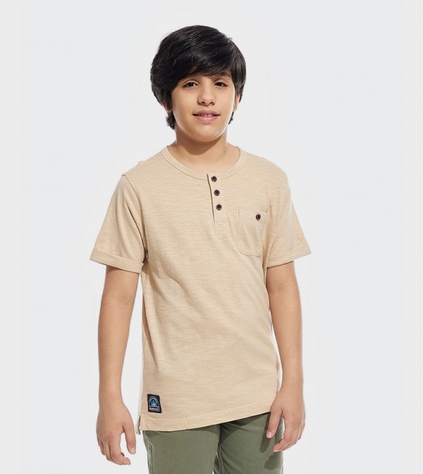Solid T-Shirt with Henley Neck and Short Sleeves