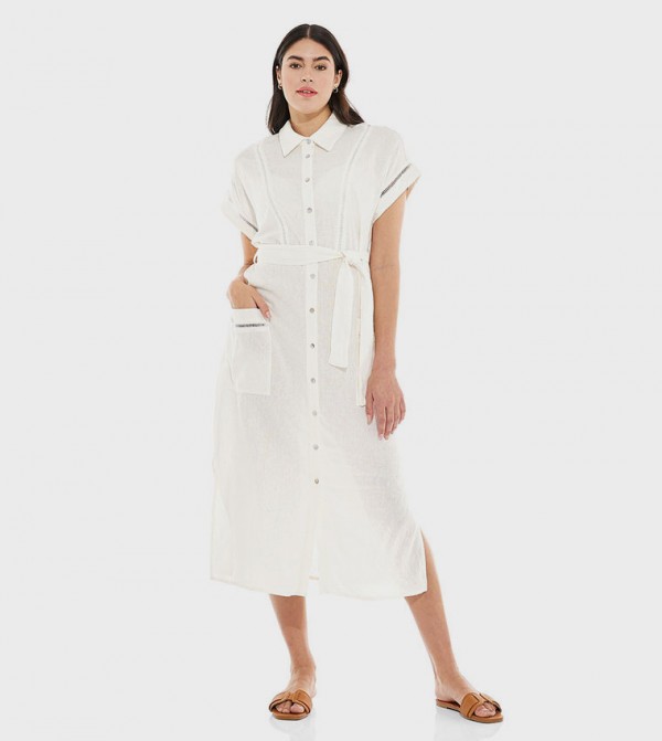 Lace Trim Shirt Dress with Short Sleeves