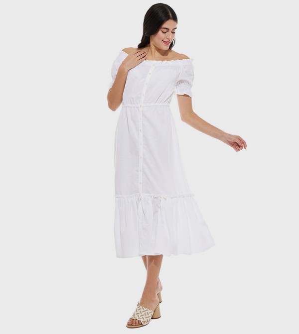 Solid Off Shoulder Dress with Puff Sleeves